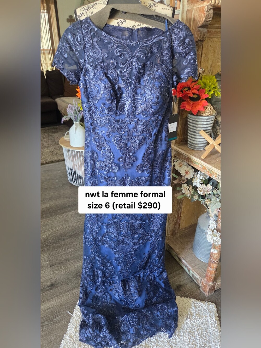 La Femme Navy Embroidered Formal Dress